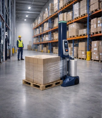 Mobile robotic pallet wrapping system securing a pallet inside a warehouse